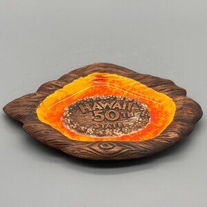 Vintage Hawaii 50th State Souvenir Ashtray Lava Glaze Wood Look Ceramic Dish